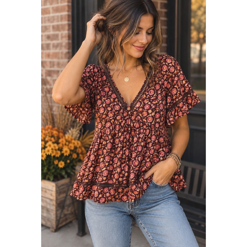 Women's Floral V-Neck Pullover Blouse M Burgundy Pink Tan Rayon Woven Lace Boho